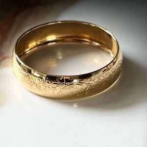 Vintage 90s Wide Gold Embossed Floral Scroll Bangle Bracelet | Statement Retro